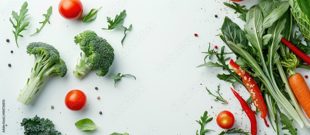 Top view photo of fresh organic vegetables on a white background illustrating the concept of a balanced diet with copy space image included Top view photo of fresh organic vegetables on a white background illustrating the concept of a balanced diet with copy space image included