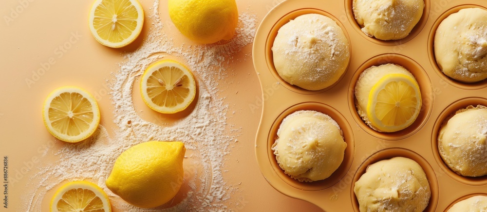 Image showcasing dough and lemon in a muffin mold with space for text. Copy space image. Place for adding text and design Image showcasing dough and lemon in a muffin mold with space for text. Copy space image. Place for adding text and design