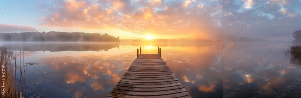 Fototapeta premium Peaceful Sunrise Over a Misty Lake