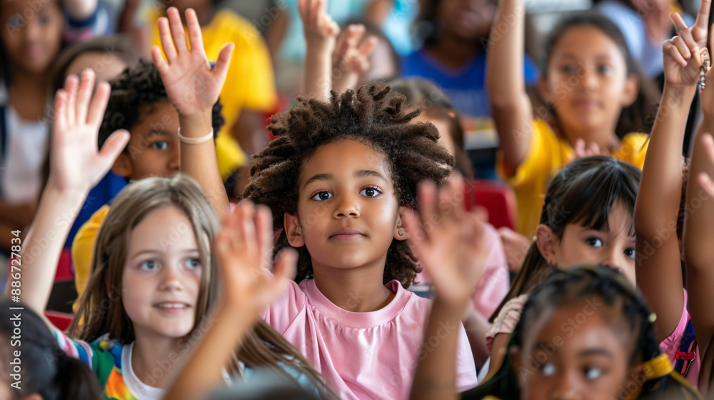 8. Group of students of various ages raising hands to answer questions during a classroom discussion 8. Group of students of various ages raising hands to answer questions during a classroom discussion