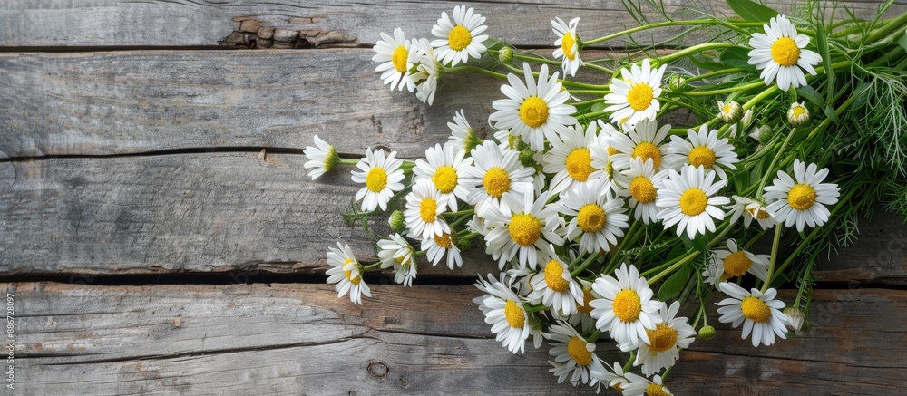 Obraz premium Top view of a bouquet of chamomile flowers on a wooden garden table with space for text or image insertion. Copy space image. Place for adding text and design