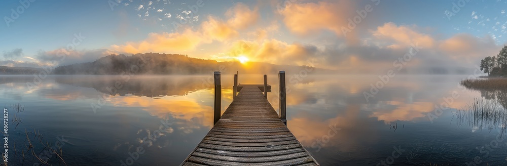 Fototapeta premium Sunrise Over a Misty Lake with a Wooden Dock