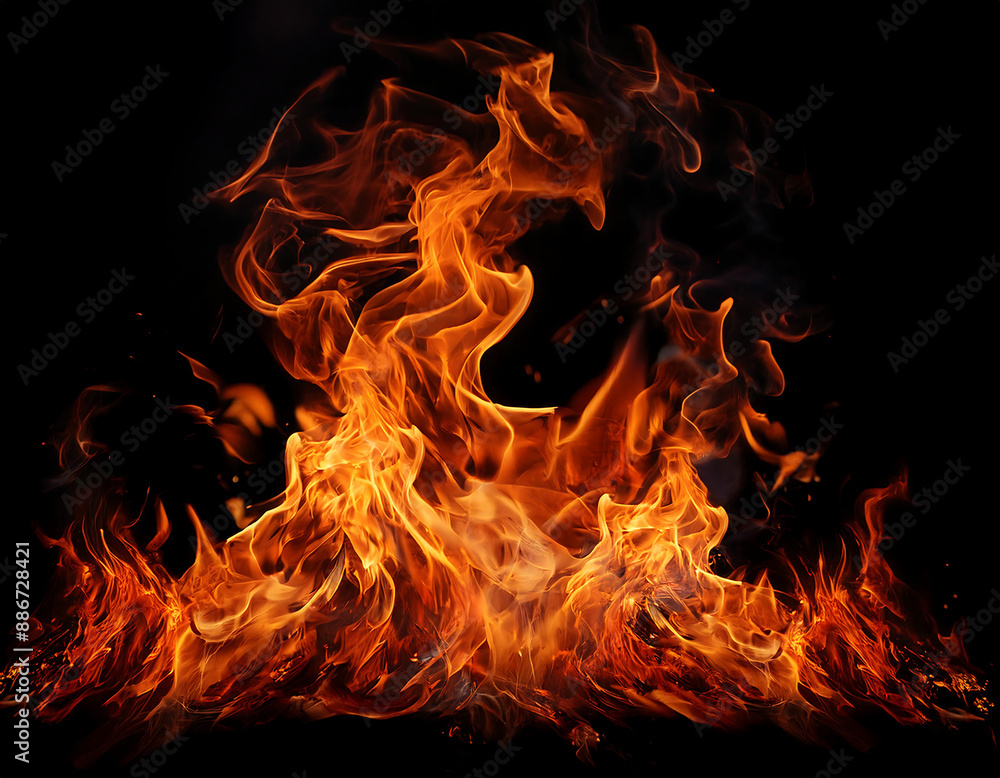 Fototapeta premium Fire Flames on Black Background- Dynamic and intense flames dancing against a deep black ba_1(127)