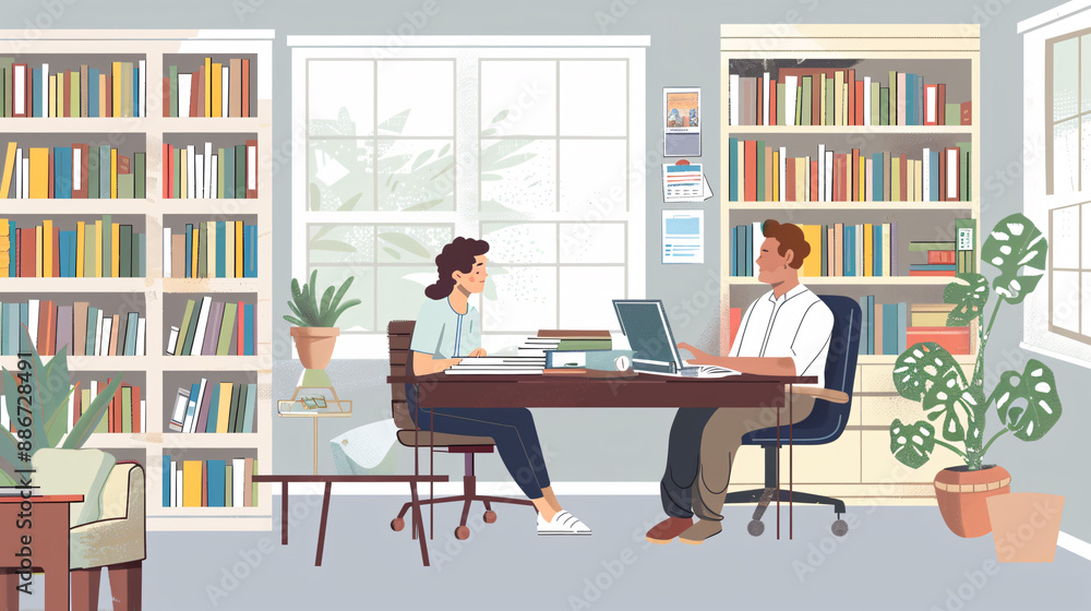 Experienced teacher mentoring a new educator in a cozy office space filled with books Experienced teacher mentoring a new educator in a cozy office space filled with books