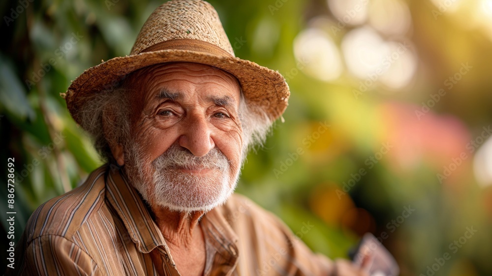 Fototapeta premium Elderly man in a straw hat smiling outdoors, surrounded by greenery and sunlight.