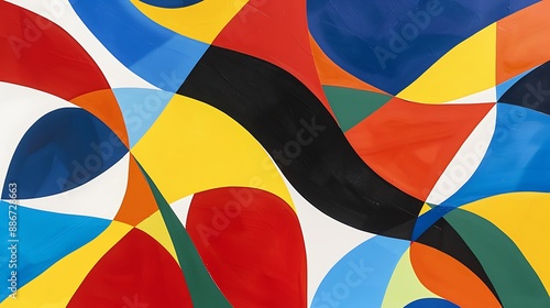 Bold geometric waves in primary colors intersecting sharply, evoking a sense of dynamic movement and structure