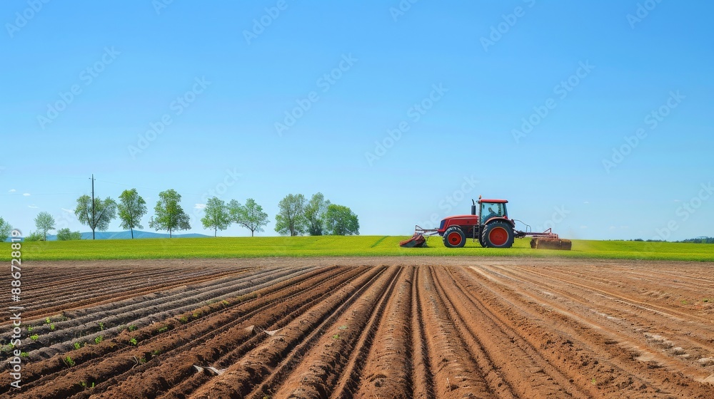 Fototapeta premium A farmer plowing a field with a tractor, creating neat rows in the soil under a clear blue sky