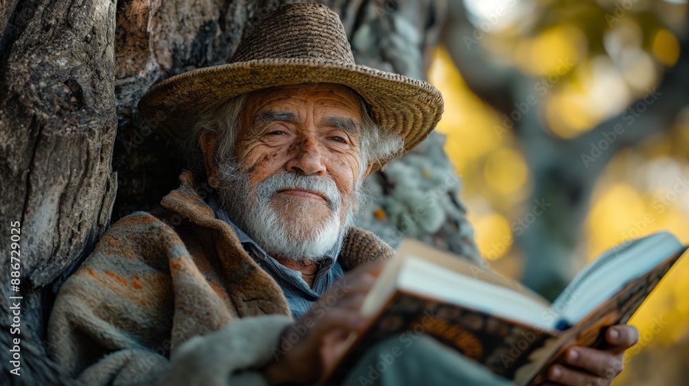 Elderly man with a hat reading a book by a tree in the autumn sunlight, smiling contentedly. Elderly man with a hat reading a book by a tree in the autumn sunlight, smiling contentedly.