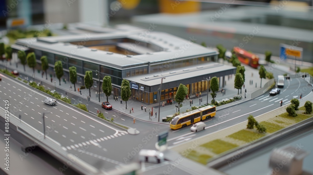 Generate a photo realistic image of a maquette showcasing a transportation center with terminals, transit hubs, and multi-modal connectivity; ensure the image is of high resolution for clear .