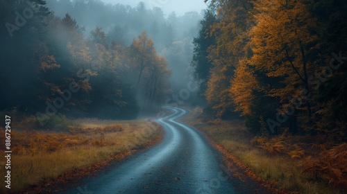 beautiful view of green coniferous forest with road trail,