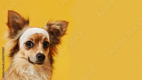 pomeranian spitz with bandage on head, banner yellow background copy space © Herseliia