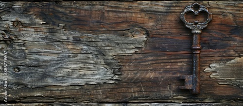 Ancient metal key featuring a family house symbol on a wooden backdrop with copy space image