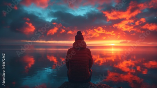 man sitting at lakeside with elegance sunrise sky view, sky reflecting on peaceful water surface,  photo