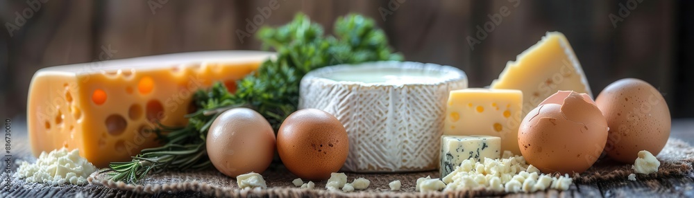 Closeup of milk, cheese, and eggs on a rustic table, vibrant and fresh farm produce, concept of healthy eating and breakfast Closeup of milk, cheese, and eggs on a rustic table, vibrant and fresh farm produce, concept of healthy eating and breakfast