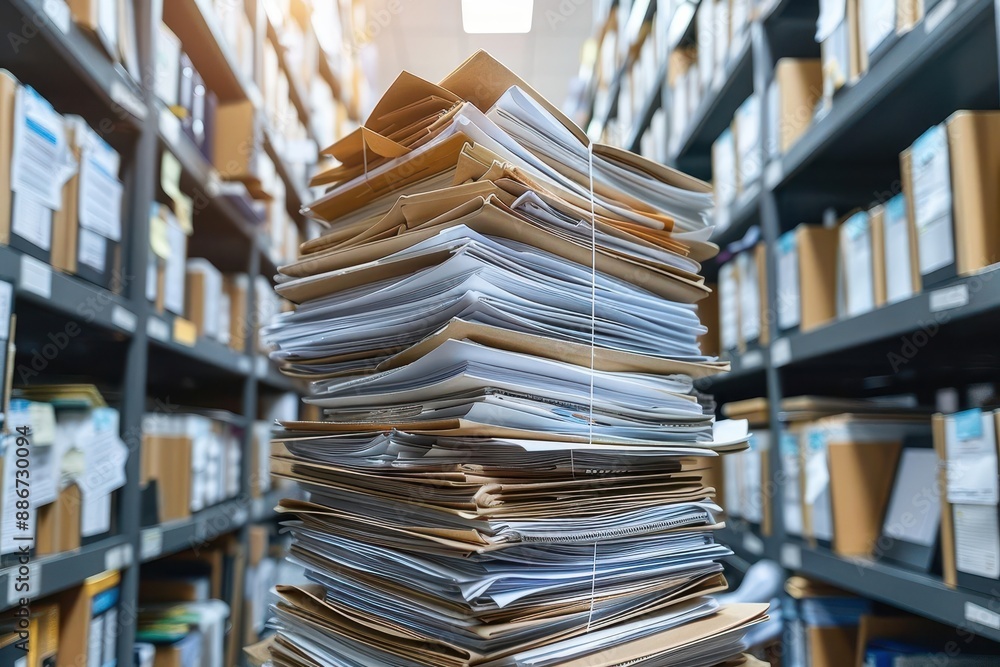 Obraz premium Closeup of piled high paperwork and files on office shelves, bustling and busy office setting, attention to detail