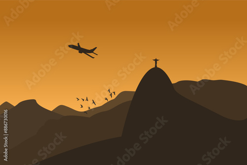 Rio de janeiro Brazil. Silhouette of the Statue of Christ on Corcovado Mountain at sunrise with plane birds flying. Orange tones. Tijuca National Park. EPS vector image.