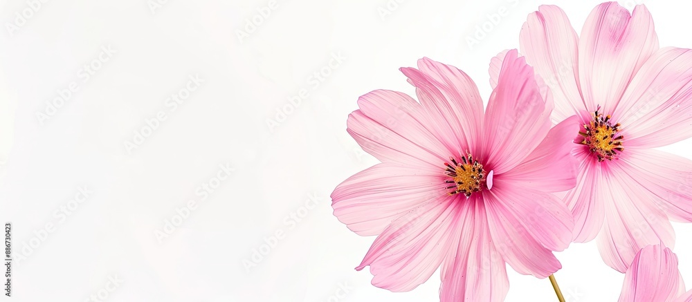 Creative styled pink cosmos flower against a white backdrop with copy space image Creative styled pink cosmos flower against a white backdrop with copy space image