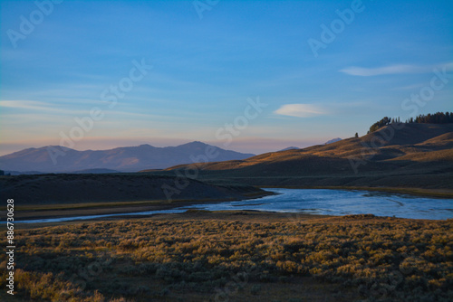 Yellowstone field landscape a golden hour