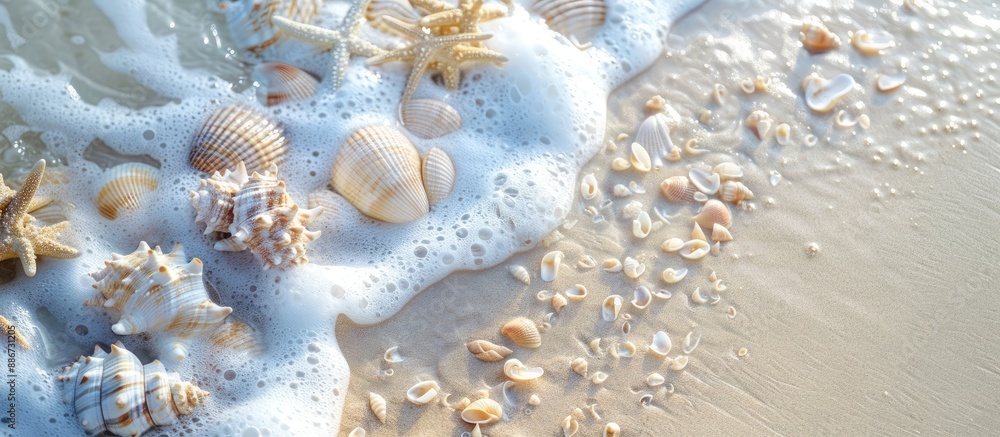 Sandy beach adorned with shells evoking a summery vibe perfect for your copy space image Sandy beach adorned with shells evoking a summery vibe perfect for your copy space image