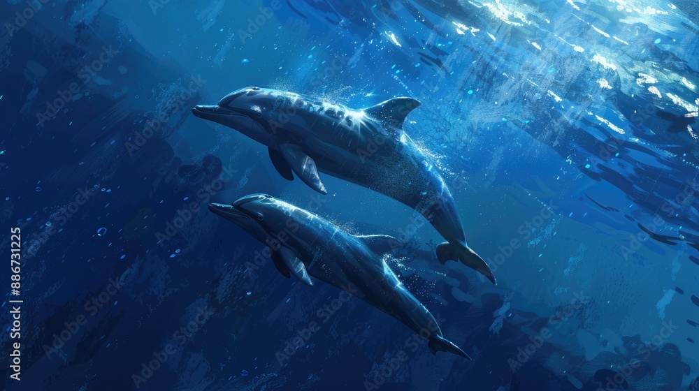 Graceful dolphins gliding through the deep blue sea with one leading the way Graceful dolphins gliding through the deep blue sea with one leading the way