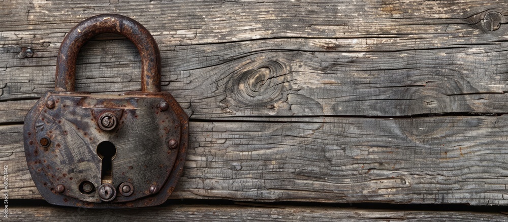 A weathered padlock rests on a textured wooden backdrop with available copy space hinting at something confidential A weathered padlock rests on a textured wooden backdrop with available copy space hinting at something confidential