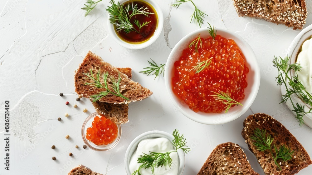 Homemade appetizer with red caviar sour cream dill onion and rye bread on the white table the traditional finnish recipe for a holiday food flat lay in minimalistic style healthy eating concep Homemade appetizer with red caviar sour cream dill onion and rye bread on the white table the traditional finnish recipe for a holiday food flat lay in minimalistic style healthy eating concep