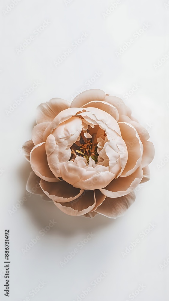 Lone beige peony on white background flat lay top view Lone beige peony on white background flat lay top view