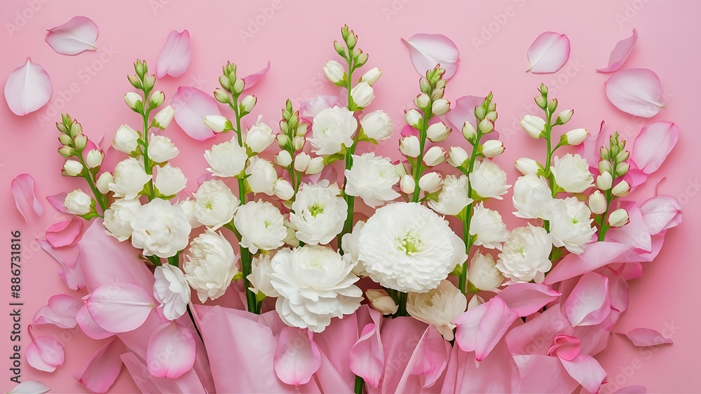 Floral pattern of white flowers and buds on a pink background flat lay top view Floral pattern of white flowers and buds on a pink background flat lay top view