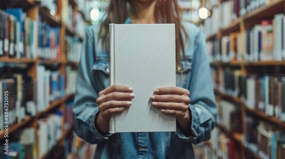 person holding a book with blank cover in a bookstore or library person holding a book with blank cover in a bookstore or library