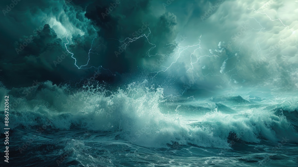 Fototapeta premium Scared cyclone with thunder storm over the sea