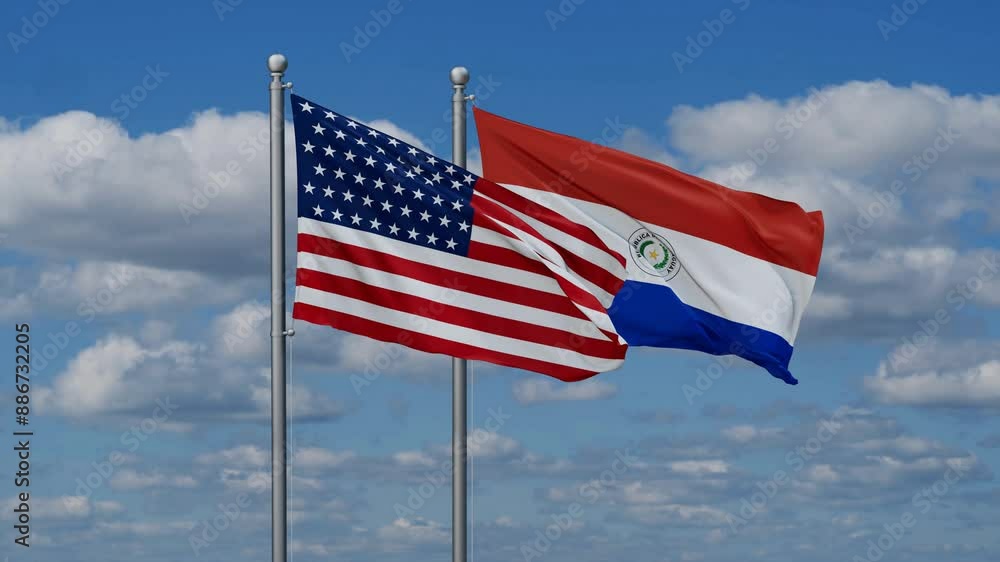 Paraguay and USA flags flying together, video concept of the relationship, two country relations concept Paraguay and USA flags flying together, video concept of the relationship, two country relations concept