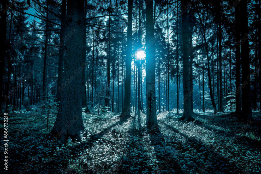 Obraz premium Serene Forest at Twilight with Sunlight Streaming Through Trees