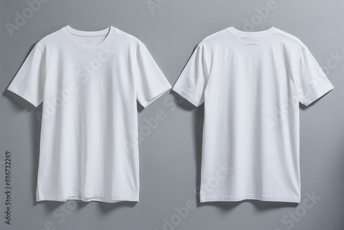 Two white t-shirts placed side by side against a gray background