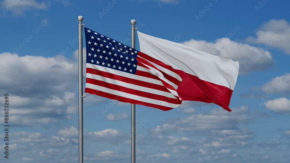 Poland and USA flags flying together, video concept of the relationship, two country cooperation concept Poland and USA flags flying together, video concept of the relationship, two country cooperation concept