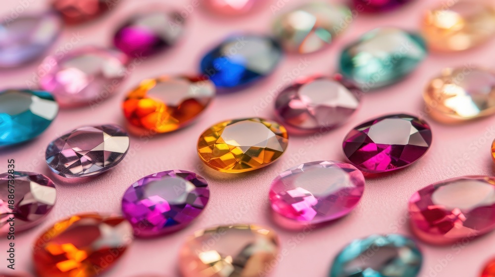 Close-up of colorful gemstones in various shapes and sizes on a pink background, showcasing their brilliant sparkle and vibrant hues. Close-up of colorful gemstones in various shapes and sizes on a pink background, showcasing their brilliant sparkle and vibrant hues.