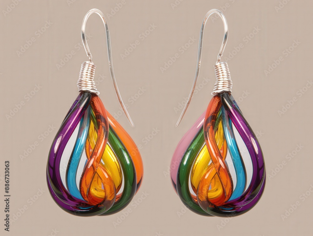 Colorful glass teardrop earrings with silver hooks, showcasing vibrant swirls of orange, purple, blue, and green. Elegant, handmade jewelry. Colorful glass teardrop earrings with silver hooks, showcasing vibrant swirls of orange, purple, blue, and green. Elegant, handmade jewelry.