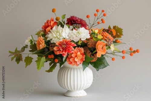 Wallpaper Mural Elegant floral arrangement in a white vase featuring vibrant autumn blooms like roses, chrysanthemums, and berries on a neutral background. Torontodigital.ca