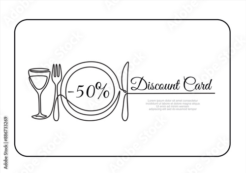 Hand drawn one line vector. Discount card or voucher fast food restaurant or delivery service, template design with one continuous linear food and drinks composition photo