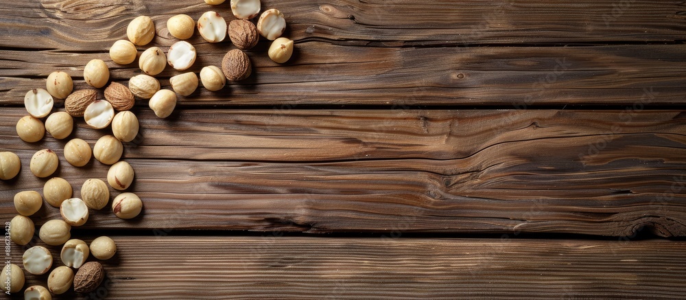 A flat lay composition of macadamia nuts on a wooden table with a blank area for additional image or text A flat lay composition of macadamia nuts on a wooden table with a blank area for additional image or text