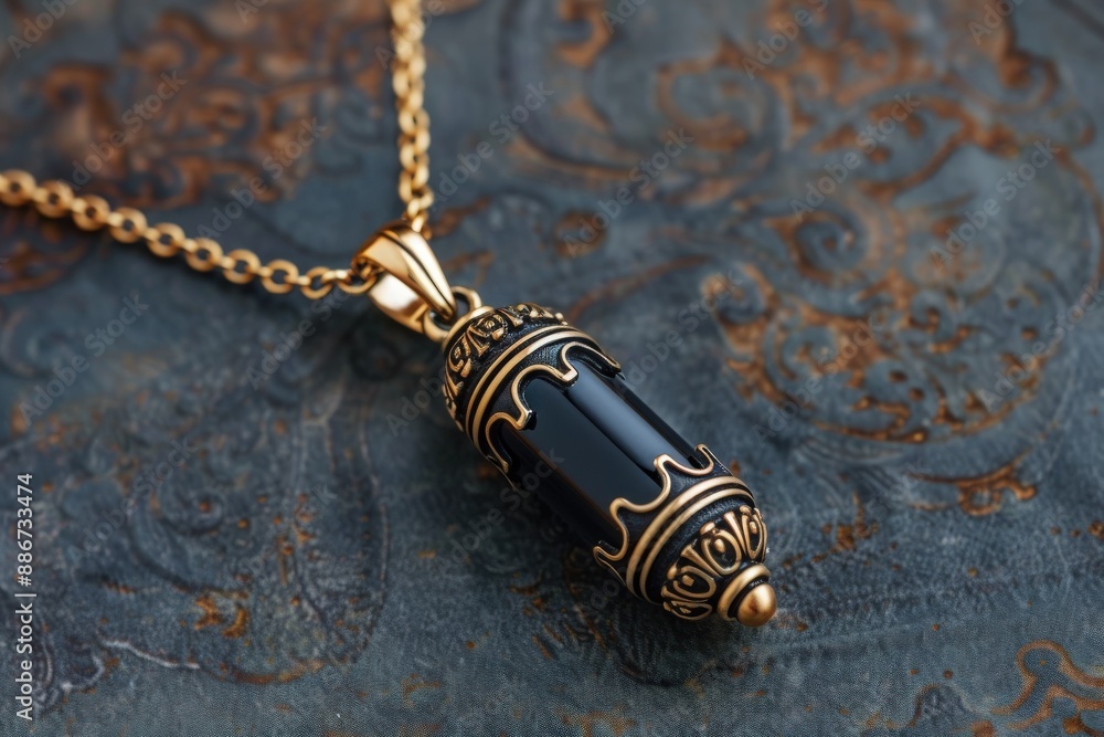 Elegant gold necklace with intricate pendant featuring a dark gemstone, displayed on a textured background for a luxurious look. Elegant gold necklace with intricate pendant featuring a dark gemstone, displayed on a textured background for a luxurious look.