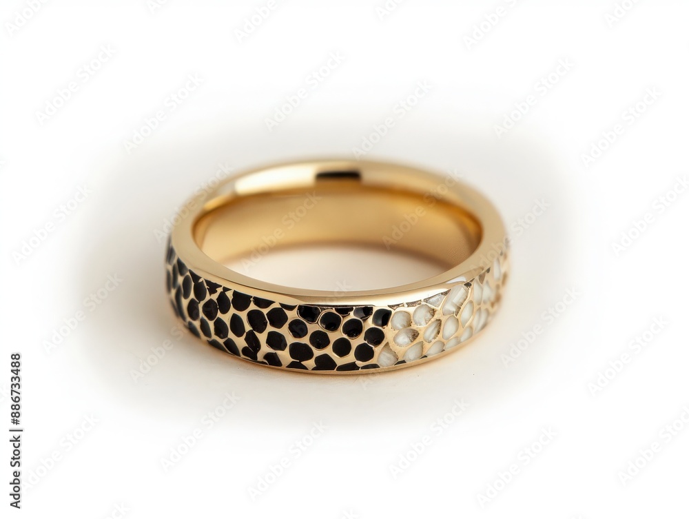 Elegant gold ring with hexagonal black and white pattern, perfect for wedding or engagement, on a white background. Elegant gold ring with hexagonal black and white pattern, perfect for wedding or engagement, on a white background.