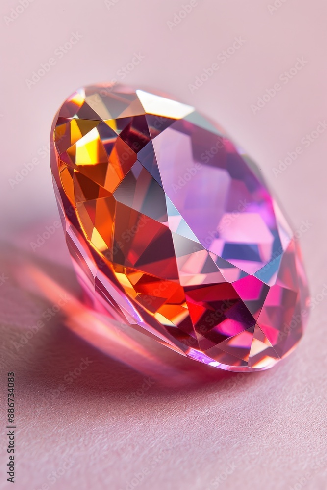 Fototapeta premium Vibrant gemstone with faceted cut reflecting pink and orange hues, resting on a soft, pastel surface, perfect for jewelry or luxury themes.