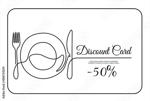 Hand drawn one line vector. Discount card or voucher fast food restaurant or delivery service, template design with one continuous linear food and drinks composition