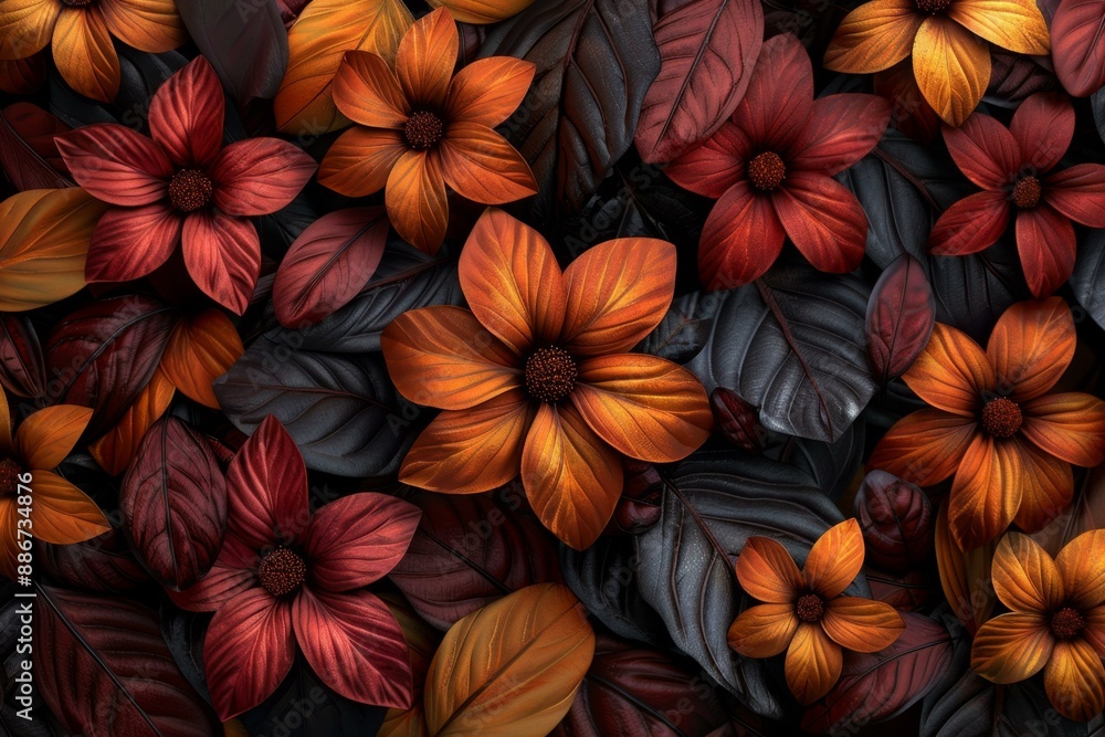 Fototapeta premium Fall Flowers, Autumn Leaves, Floral Pattern