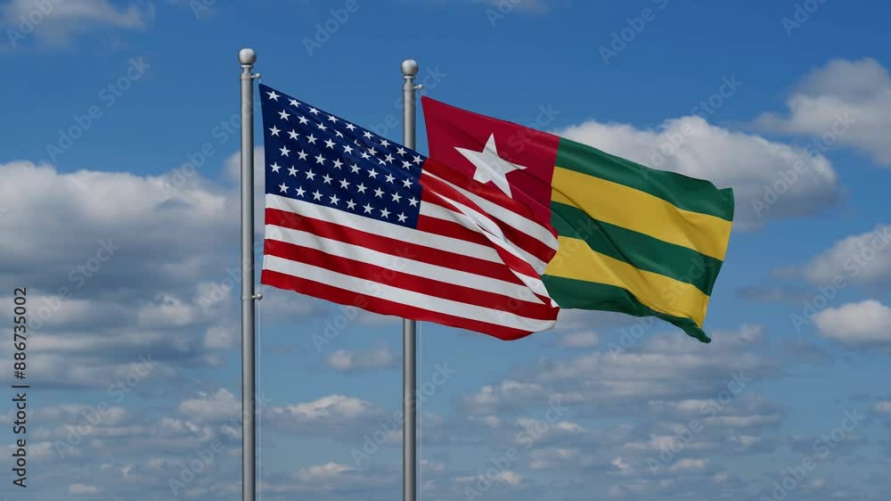 Togo, Togolese Republic and USA flags flying together, video concept of the relationship, two country cooperation concept Togo, Togolese Republic and USA flags flying together, video concept of the relationship, two country cooperation concept