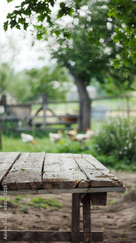 Fototapeta premium A weathered wooden table sits in a peaceful garden setting, with green foliage and a blurred background of a fence and chickens in the distance