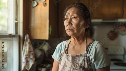 Contemplative MiddleAged Woman in Kitchen, Pacific Islander Heritage, Domestic Setting