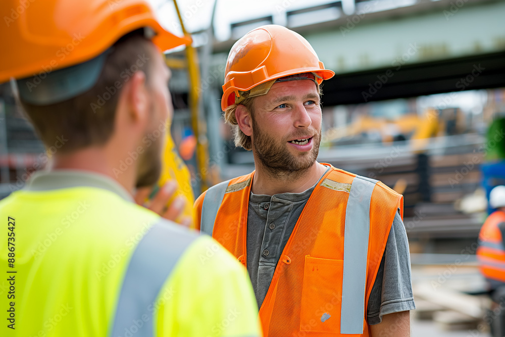 Two construction workers wearing hard hats and safety vests engage in a conversation on a busy construction site Two construction workers wearing hard hats and safety vests engage in a conversation on a busy construction site