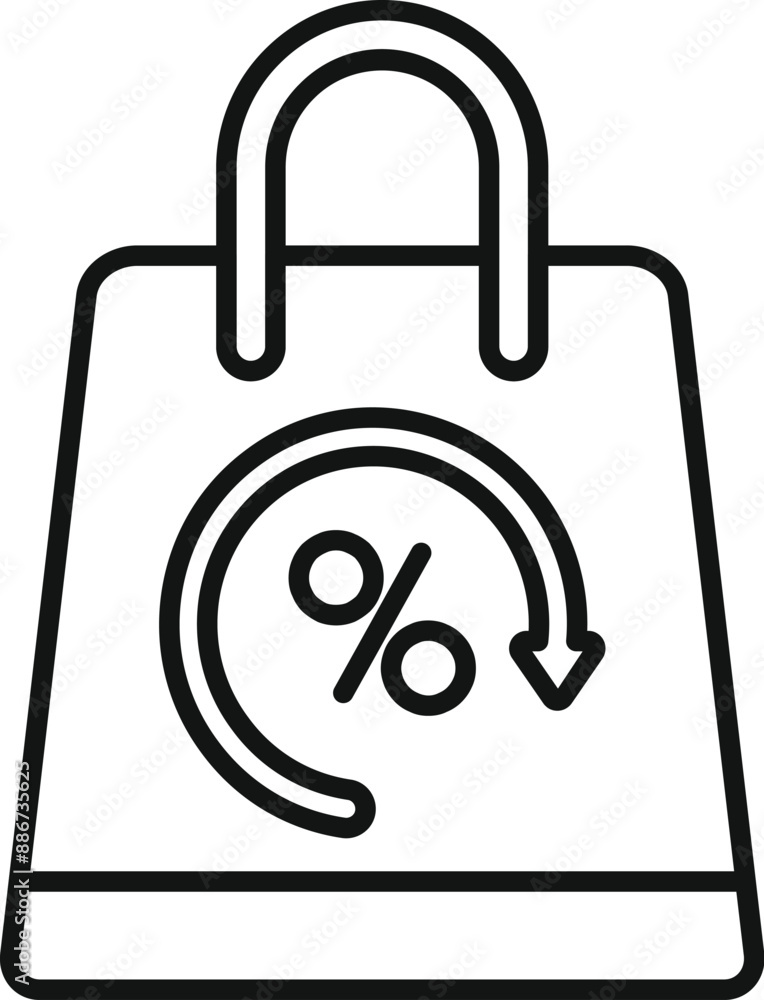Simple cashback concept, a shopping bag with a percentage symbol and a downward arrow representing money being returned Simple cashback concept, a shopping bag with a percentage symbol and a downward arrow representing money being returned