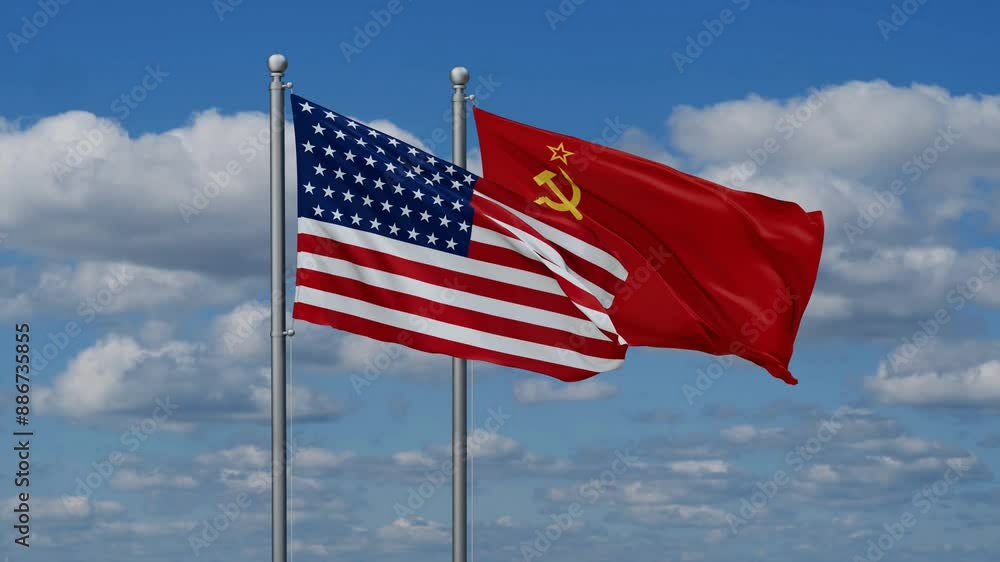 Soviet Union or USSR and USA flags flying together, video concept of the relationship, two country cooperation concept Soviet Union or USSR and USA flags flying together, video concept of the relationship, two country cooperation concept